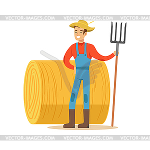 Man With Fork Standing Next To Hay Stack, Farmer - royalty-free vector image