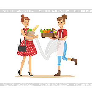 Vendor Bringing Crate Of Vegetables To Buyer, Farme - vector clipart