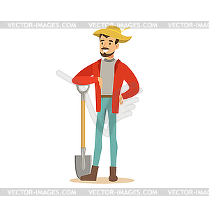 Man In Straw Hat Standing With Shovel, Farmer - vector image