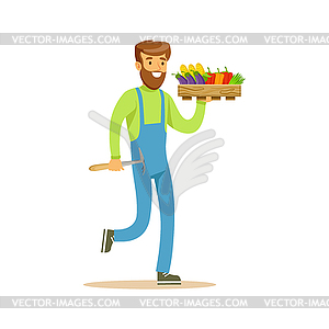 Man With Chopper And Crate Of Fresh Vegetables, - vector clipart