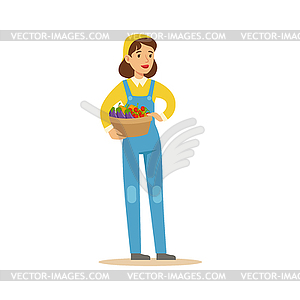 Woman Wirh Basket Of Fresh Vegetables, Farmer - vector image