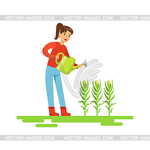 Женщина Полив зерновых культур, Фермер, работающих на Farm - изображение в векторе / векторный клипарт