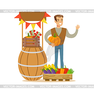 Man With Stand Of Fresh Vegetables, Farmer Working - vector image
