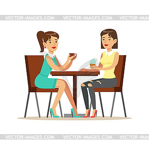 Happy Best Friends Drinking Coffee In Cafe, Part - vector clipart