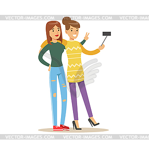 Happy Best Friends Taking Selfie Together, Part Of - vector clip art