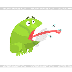 Green Frog Funny Character Catching Flies With Its - vector clip art