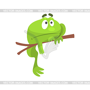 Sad Green Frog Funny Character Hanging of Branch - vector image