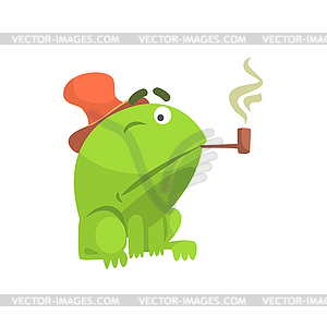 Green Frog Funny Character Smoking Pipe Childish - vector clipart