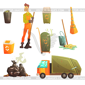 Waste Recycling And Disposal Related Object Around - royalty-free vector clipart