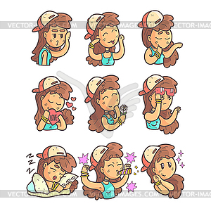 Girl In Cap, Choker And Blue Top Collection Of - vector image