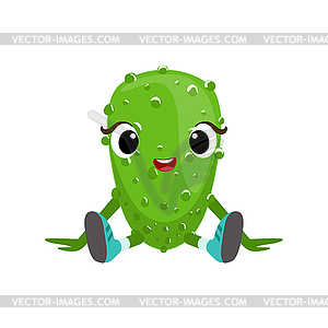 Big Eyed Cute Girly Cucumber Character Sitting, - vector image