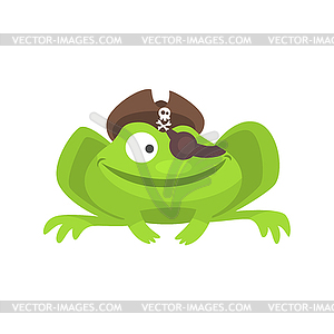 Зеленая лягушка Забавный персонаж с Pirate Hat And Eye - векторное изображение