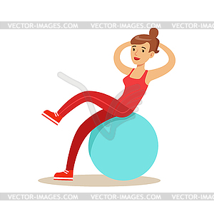 Woman Training Abs On Rubber Ball, Member Of Fitnes - color vector clipart