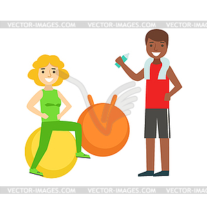 Woman Doing Exercise On Ball WIth Help Of Personal - vector clipart