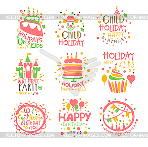 Kids Birthday Party Entertainment Promo Signs Set O - vector image