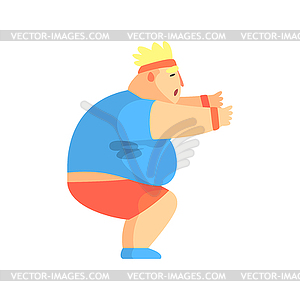 Funny Chubby Man Character Doing Sit Ups At Gym - vector image