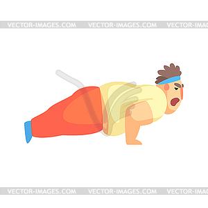 Funny Chubby Man Character Doing Push Ups At Gym - royalty-free vector clipart