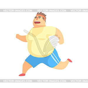 Funny Chubby Man Character Doing Gym Workout Runnin - vector image