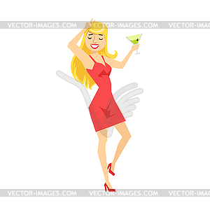 Блондинка секси девочка в красном платье с бокалом мартини - клипарт в векторном формате