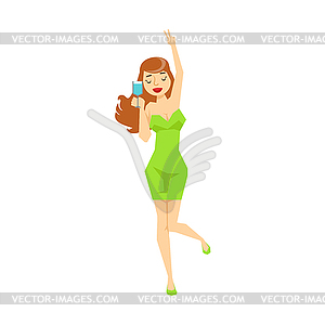 Sexy Girl With Wine Glass In Tight Green Dress - vector clipart / vector image