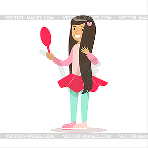 Happy Girl With Long Dark Hair In Classic Girly - vector clip art