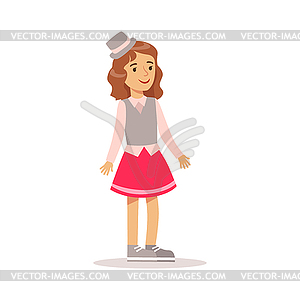 Happy Girl In Classic Girly Color Clothes And Grey - vector clipart