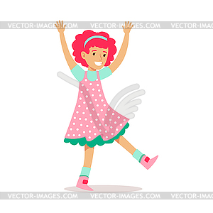 Happy Redhead Girl In Classic Girly Color Polka - vector image