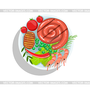 Rolled Sausage, Beef Steak And Shrimps, - vector clip art