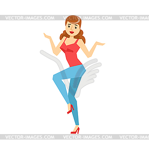 Girl Dancing In Skinny Jeans And Sleeveless Top, - vector image