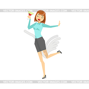 Woman In Office Clothes And Wine Glass Dancing, Par - vector clipart