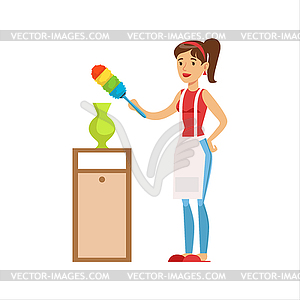 Женщина Домохозяйка Вытирая пыль вазы с кистью, - стоковый клипарт