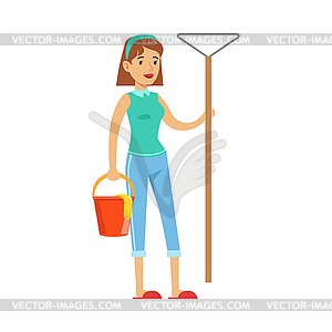 Woman Housewife With Bucket OF Water And Broom Read - vector image