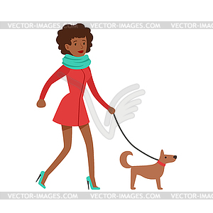 Woman Housewife Walking Dog On Leash, Classic - vector clipart