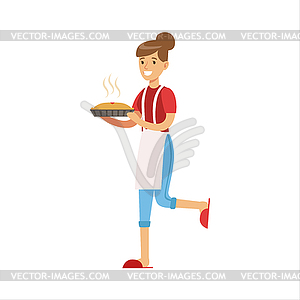 Woman Housewife Holding Freshly Baked Hot Pie, - vector clip art