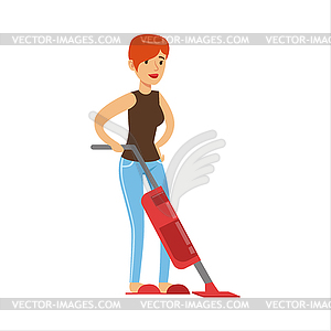 Woman Housewife Cleaning Floor With Vacuum - vector image