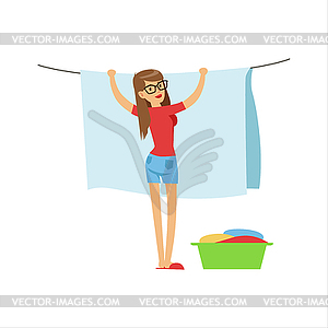 Woman Housewife Hanging Wet Laundry On String - vector image