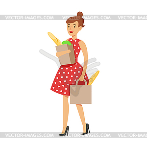 Woman Housewife Grocery Shopping Carrying Two - vector clipart