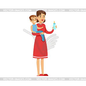 Woman Housewife Holding Young Kid In Arms - vector image