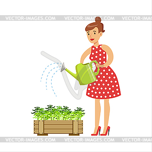 Woman Housewife Watering Plants In Pot, Classic - vector clipart