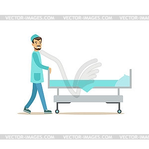 Man Nurse Rolling An Empty Hospital Bed, Hospital - vector clip art