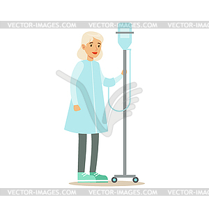 Old Lady Walking In Corridor With Dropper, - vector clip art