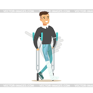 Man With Cast Walking With Crouches Smiling, - royalty-free vector clipart