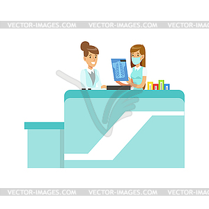 Doctor Showing An X-Ray To Intern, Hospital And - vector clipart