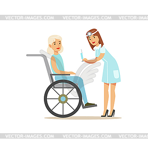 Nurse Preparing Injection For Old Lady In - vector image