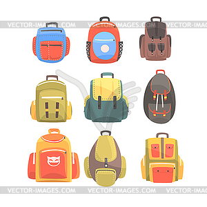 Colorful Cartoon Backpacks Set Of School Bag For - vector clipart