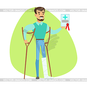 Man On Crouches Holding Health Insurance Contract - vector clip art