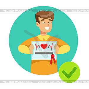 Smiling Guy Holding Health Insurance Contract, - vector clip art