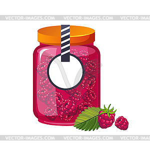 Sweet Raspberry Pink Jam Glass Jar Filled With Berr - vector clipart