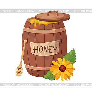Деревянная бочка с медом и мед Медведицы мультяшный - клипарт в векторном формате