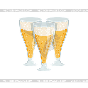 Three Tall Glasses Of Foamy Lager Beer, - vector image